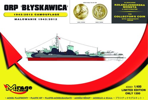 Mirage Hobby 400001 ORP 'BŁYSKAWICA' 1943/2012 Camouflage, naval destroyer, [ Kit with Collector's Coin ] (1/400) Hajó makett