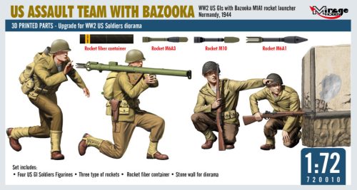 Mirage Hobby 720010 "US ASSAULT TEAM WITH BAZOOKA, WW2 US GIs with Bazooka M1A1 rocket launcher Normandy, 1944 " (1/72) Figura makett