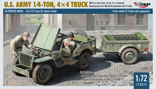 Mirage Hobby 720012 WW2 U.S. Army Truck, 1⁄4‑ton, 4×4, Command Reconnaissance Car (MB 42/43 production) with T3 Trailer (1/72) Jármű makett