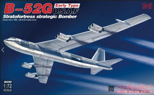 Modelcollect UA72207 B-52G early type U.S.A.F stratofortress strategic bomber Broken Arrow 1966 with B-28 Nuclear bomb 1/72 repülőgép makett
