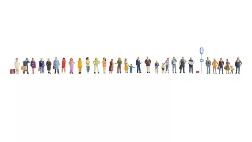 Noch 16054 Figura Mega-Set: Megállóban várakozó álló/siető utasok, 30 db figura (H0)