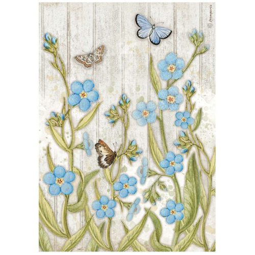 Pentart 41604 A4 rizspapír csom. - Romantic Garden House kék virágok és lepkék