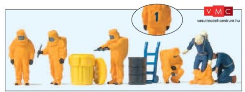 Preiser 10732 Tűzoltók teljes vegyvédelmi védőfelszerelésben - narancs színben (H0)