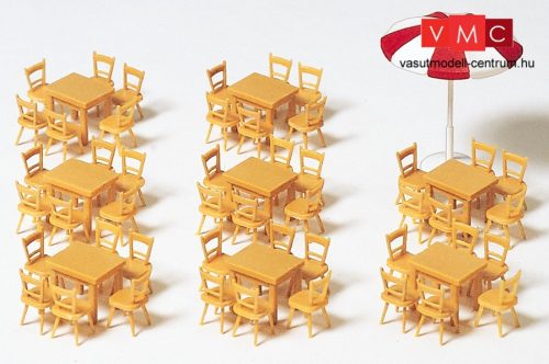 Preiser 17201 8 asztal, 48 szék, 1 napernyő, natúrfa színben (H0)