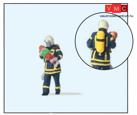 Preiser 28251 Gyermeket mentő tűzoltó, kék védőfelszerelésben, légzőpalackkal (H0)
