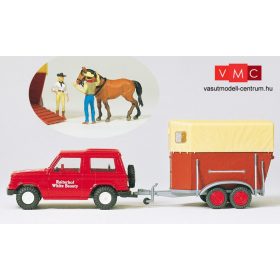   Preiser 33243 Mitsubishi Pajero lószállító utánfutóval, 2 db figurával és lóval (H0)