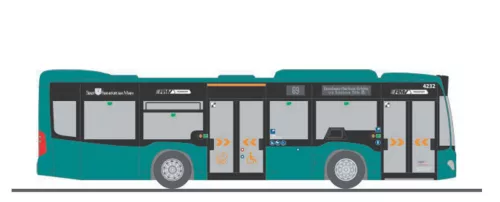Rietze 67970 Mercedes-Benz Citaro K 12 városi autóbusz, traffiQ Frankfurt (H0)