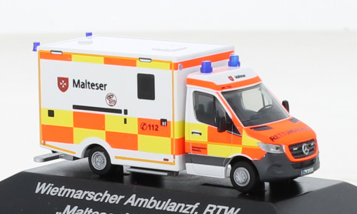 Rietze 76184 Mercedes-Benz Wietmarscher Ambulanzfahrzeuge RTW 2018, Malteser Nürnberg (262422) (H0)