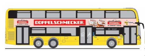 Rietze 78030 Alexander Dennis Enviro 500 emeletes autóbusz, BVG - Pfennigs Doppelschmecker (H0)