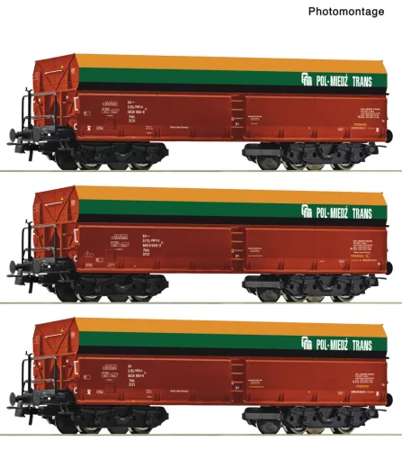Roco 6600218 Önürítős négytengelyes teherkocsi-készlet, 3-részes Fals, Pol-Miedz Trans (E6) (H0)