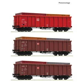   Roco 6600291 Nyitott négytengelyes teherkocsi-készlet, 3-részes Eanos, konténerekkel, DB-AG (E6) (H0)