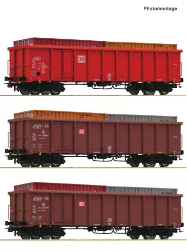 Roco 6600291 Nyitott négytengelyes teherkocsi-készlet, 3-részes Eanos, konténerekkel, DB-AG (E6) (H0)