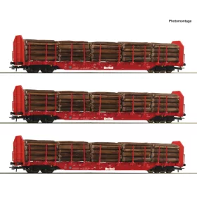   Roco 6600318 Rakoncás négytengelyes teherkocsi-készlet, 3-részes Rnoos, piros, rönkfa rakománnyal, OnRail (E6) (H0)