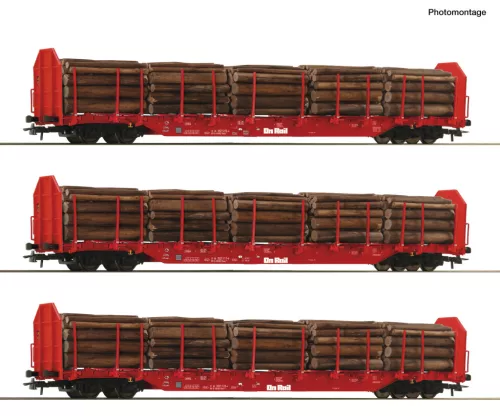 Roco 6600318 Rakoncás négytengelyes teherkocsi-készlet, 3-részes Rnoos, piros, rönkfa rakománnyal, OnRail (E6) (H0)