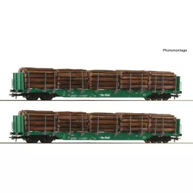   Roco 6600319 Rakoncás négytengelyes teherkocsi-pár, Rnoos, zöld, rönkfa rakománnyal, OnRail (E6) (H0)