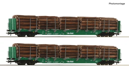 Roco 6600319 Rakoncás négytengelyes teherkocsi-pár, Rnoos, zöld, rönkfa rakománnyal, OnRail (E6) (H0)