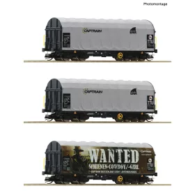   Roco 6680023 Ponyvás négytengelyes teherkocsi-készlet, 3-részes Shimmns, Captrain (E6) (TT)