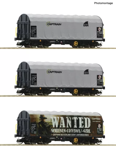 Roco 6680023 Ponyvás négytengelyes teherkocsi-készlet, 3-részes Shimmns, Captrain (E6) (TT)