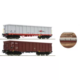  Roco 76076 Nyitott négytengelyes teherkocsi-pár, Eanos, rönkfa rakománnyal, ÖBB - MÁV/RCH (E6) (H0)