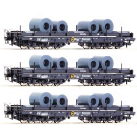   Roco 76957 Rakoncás hattengelyes nehézteherszállító teherkocsi-készlet, 3-részes Samms, acéltekercs rakománnyal, DB (E4) (H0)