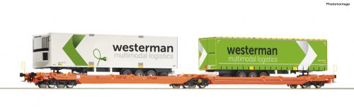 Roco 77399 Konténerszállító iker-zsebeskocsi, Sdggmrs 738 - T3000e, Westerman kamion félpótkocsikkal, Wascosa (E6) (H0)