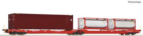 Roco 77400 Konténerszállító iker-zsebeskocsi, Sdggmrs 738 - T3000e, konténerekkel, DB-AG (