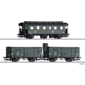   Tillig 1014 Segélyvonat-készlet, 3-részes, háromtengelyes személykocsi 2 db fedett teherkocsival, DR (E3) (TT)