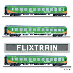   Tillig 1030 Személykocsi-készlet, 3-részes négytengelyes Halberstadt típus, Flixtrain (E6) (TT)