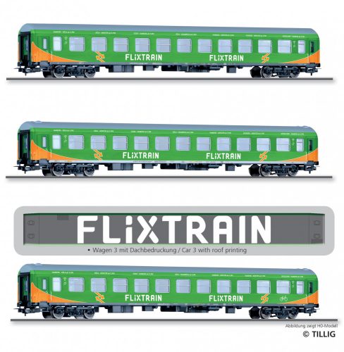 Tillig 1030 Személykocsi-készlet, 3-részes négytengelyes Halberstadt típus, Flixtrain (E6)