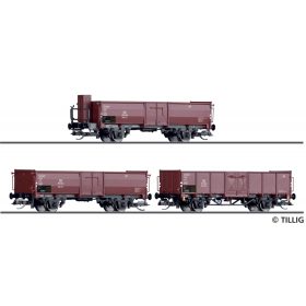 Tillig 1035 Nyitott teherkocsi-készlet, 3-részes Omm52/Omm54, szén rakománnyal, DB (E3) (TT