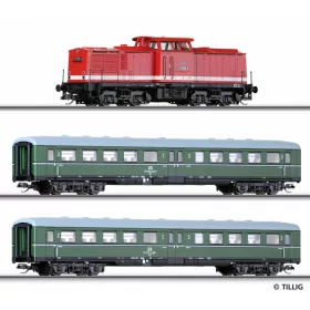 Tillig 1425 Analóg kezdőkészlet: BR 110 dízelmozdony 2 db személykocsival, modellsínnel (