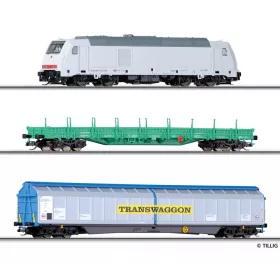 Tillig 1428 Analóg kezdőkészlet: TRAXX dízelmozdony (DB-AG) 2 db teherkocsival (E6) (TT) - 