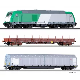   Tillig 1429 Analóg kezdőkészlet: TRAXX dízelmozdony (SNCF) 2 db teherkocsival (E6) (TT) - ágyazatos ovál pályával
