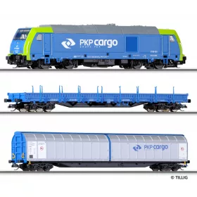   Tillig 1432 Analóg kezdőkészlet: TRAXX dízelmozdony teherkocsikkal, PKP Cargo (E6) (TT) - ágyazatos ovál pályával
