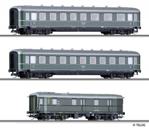 Tillig 1617 Személykocsi készlet, 2 db négytengelyes Schürzenwagen postakocsival, DRG, (E2)