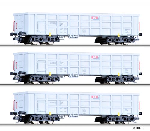 Tillig 1713 Teherkocsi-készlet, 3 db négytengelyes nyitott teherkocsi Eaos, D-DE (E6) (TT)