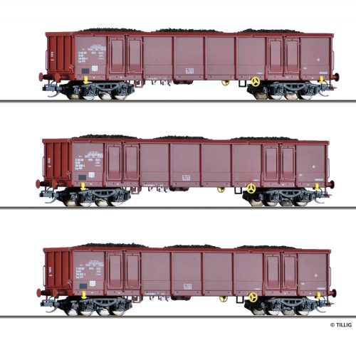 Tillig 1770 Nyitott teherkocsi-készlet, 3-részes Eas 5948, barnaszén rakománnyal, DR (E4) (