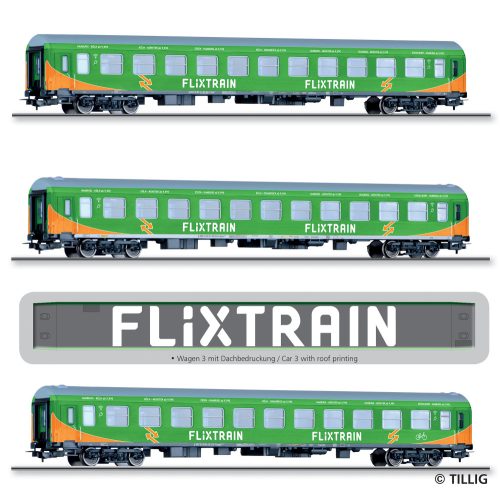 Tillig 70045 Személykocsi-készlet, 3-részes négytengelyes Halberstadt típus, Flixtrain (E6