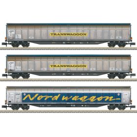   Trix 18297 Eltolható oldalfalú négytengelyes teherkocsi-készlet, 3-részes, Transwaggon, DB-AG (E5) (N)