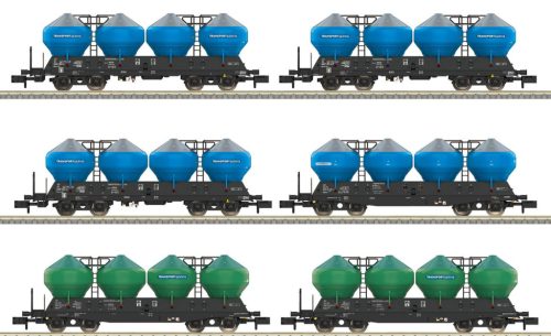 Trix 18301 Poranyagszállító négytengelyes teherkocsi-készlet, 6-részes Uacs, TRANSPORTSERVIS (E6) (N)