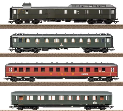 Trix 23651 Személykocsi-készlet, 4-részes négytengelyes gyorsvonati kocsik, D74, DB (E3) (H0) - LED belső világítással