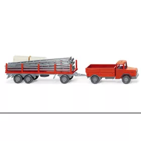   Wiking 039206 Magirus platós teherautó pótkocsival, 1970, piros - állványzat rakománnyal (H0)