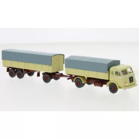   Wiking 041702 Henschel platós/ponyvás teherautó pótkocsival, 1955, bézs (H0)