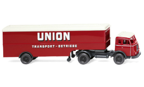 Wiking 051323 Henschel nyergesvontató, dobozos félpótkocsival, 1955 - Union Transport (H0)