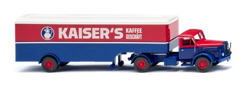 Wiking 051328 Henschel nyergesvontató, dobozos félpótkocsival - Kaiser's Kaffee (H0)