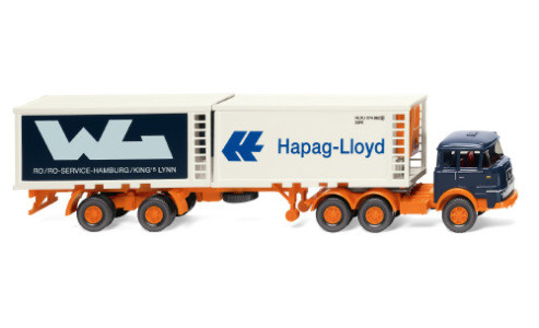 Wiking 052201 Krupp nyergesvontató, hűtődobozos félpótkocsival, 1964 - Hapag Lloyd / WL (H0)