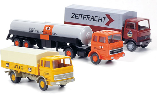 Wiking 099079 Mercedes-Benz teherautó-készlet (3 db): Mercedes-Benz LP 809 - Zeitfracht, LP1620 - ATEX, 2223 - Mönkemöller (H0)