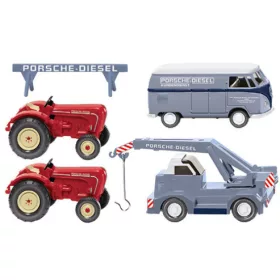   Wiking 099095 Porsche reklámtábla, Demag autódaru, Volkswagen Transporter T1 dobozos és 2 x Porsche traktor (H0)