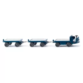   Wiking 116004 Elektromos platós targonca (kofferkuli), pótkocsikkal - kék (H0)